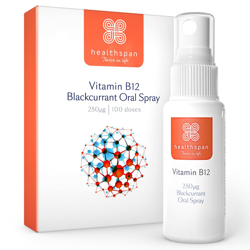 Healthspan Vitamin B12 Oral Spray, Blackcurrant Flavour, 250 µg, Vegan, Energy and Immune Support, 15 ml