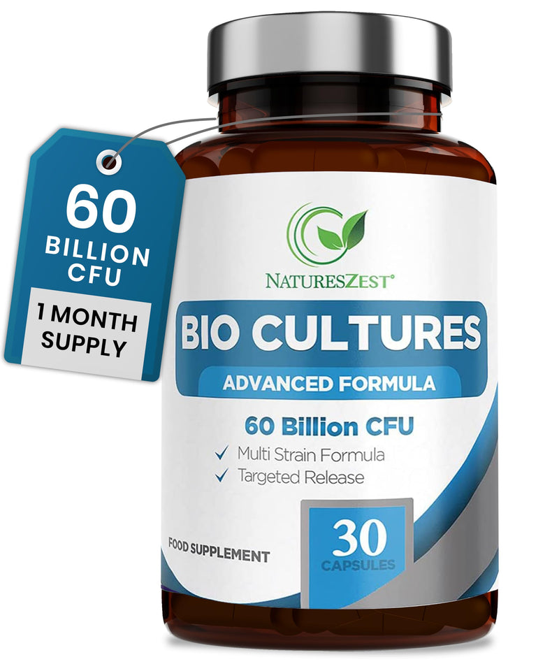 Bio Cultures Complex Probiotics and Prebiotics for Gut Health 60 Billion CFU - 30 Vegan Capsules - High Strength Digestive Supplements, Multi Strain Pre and Probiotics Formula for Men & Women 30 count (Pack of 1)