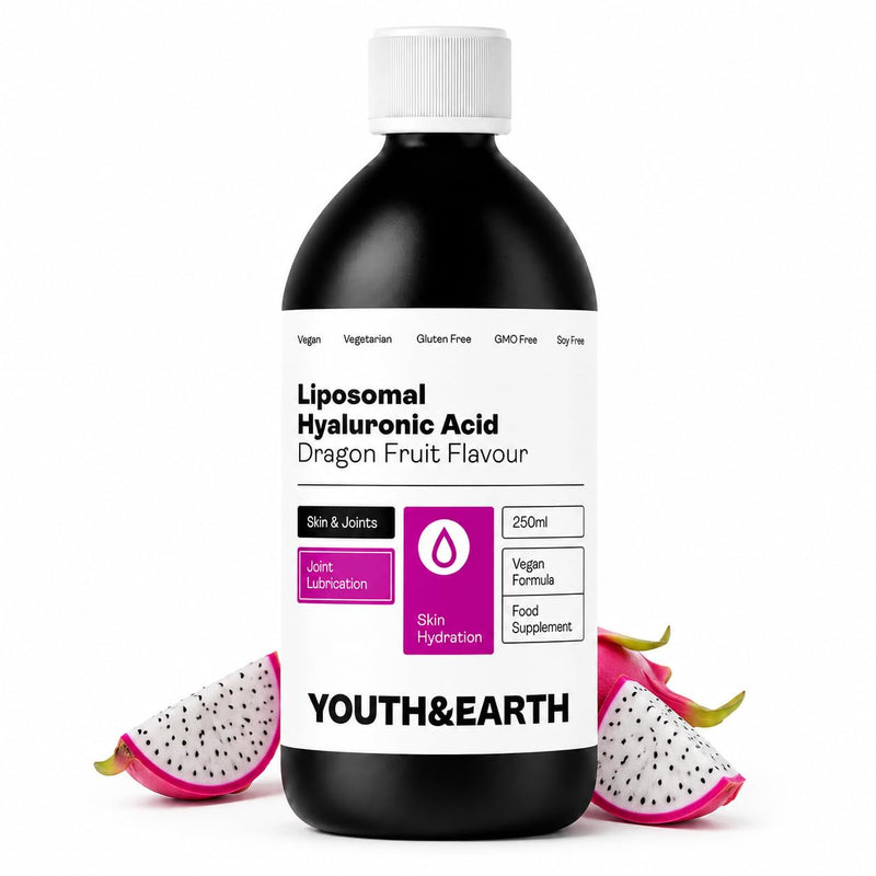 Youth & Earth Liposomal Hyaluronic Acid Liquid - Pure Hyaluronic Acid Supplements for Natural Skin Hydration & Joint Supplements for Men & Women - 100% Vegan Formula Dragon Fruit Flavor - 250ml