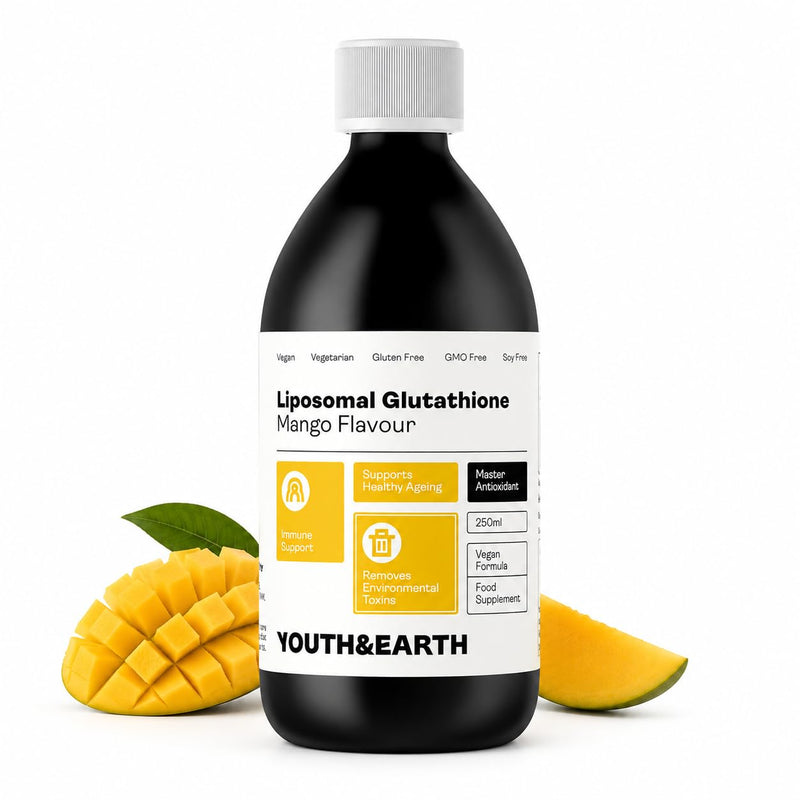 Youth & Earth Liposomal Glutathione Liquid 250ml - Antioxidant Glutathione Supplement for Natural Anti Aging - Pure Vegan Formula to Support Immune - 400mg Per Serving | Mango Flavor