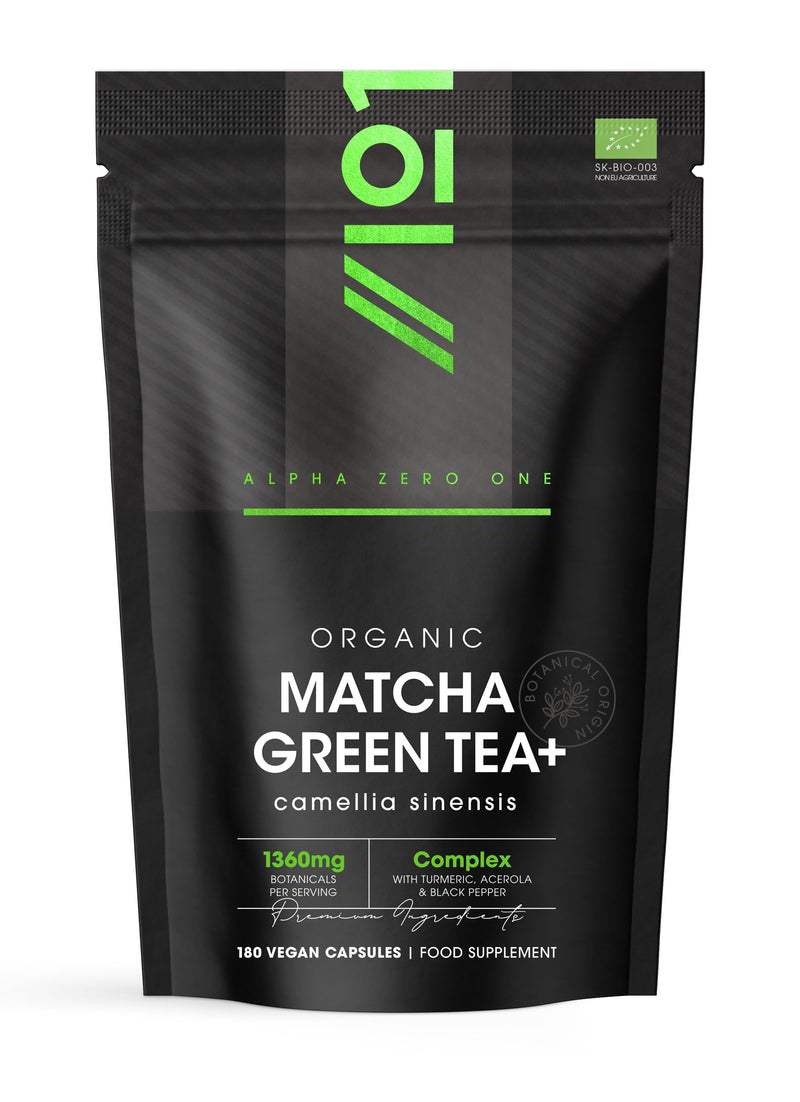 Organic Matcha Green Tea Extract 1360mg - 180 Vegan Capsules - Boosted with Turmeric, Acerola & Black Pepper – Resealable and Recyclable Pouch by Alpha01 1 count (Pack of 180)