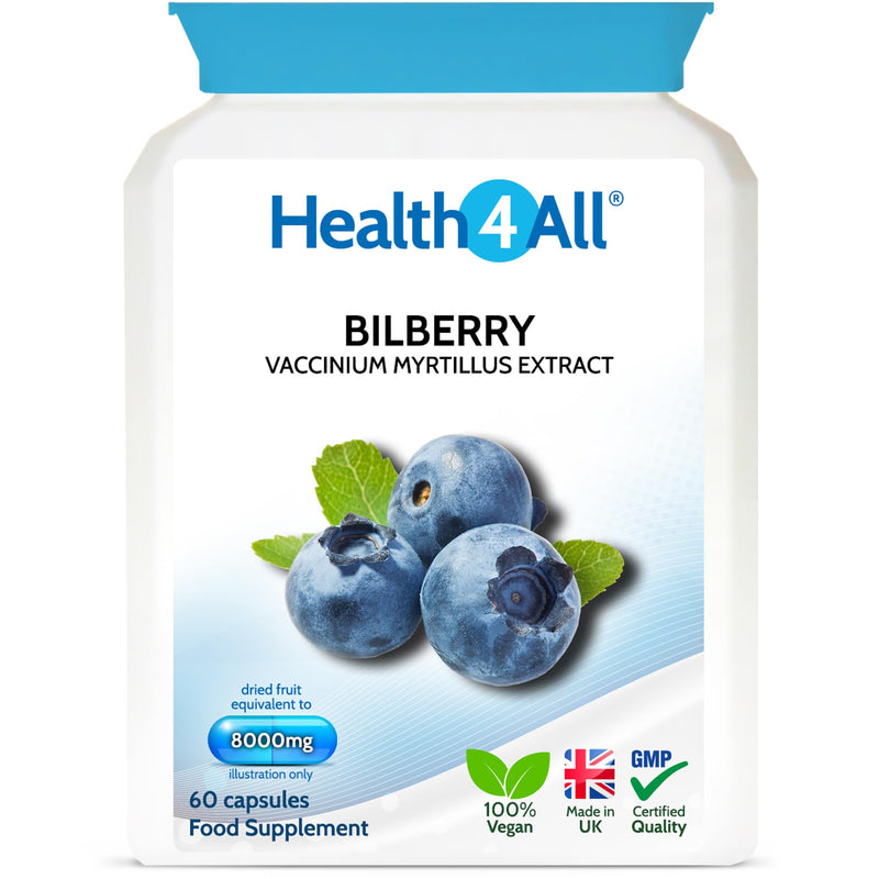 Health4All Bilberry Extract 8,000mg per Capsule, 60 Capsules 2 Months Supply, Pure High Strength Bilberry Eye Supplement, Antioxidant for Eye Health with Anthocyanidins, Easy to Swallow | Made in UK 60 count (Pack of 1)