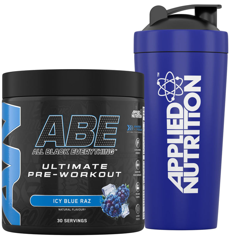 Applied Nutrition Bundle ABE Pre Workout 375g + 750ml Steel Protein Shaker | All Black Everything Pre Workout Powder, Energy & Physical Performance, Creatine, Beta Alanine (ICY Blue Raz) ICY Blue Raz