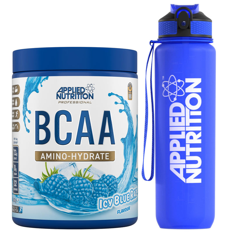 Applied Nutrition Bundle: BCAA Powder 450g + Lifestyle Water Bottle 1000ml | Branched Chain Amino Acids BCAAs Supplement, Intra Workout & Recovery (450g - 32 Servings) (ICY Blue Raz) ICY Blue Raz