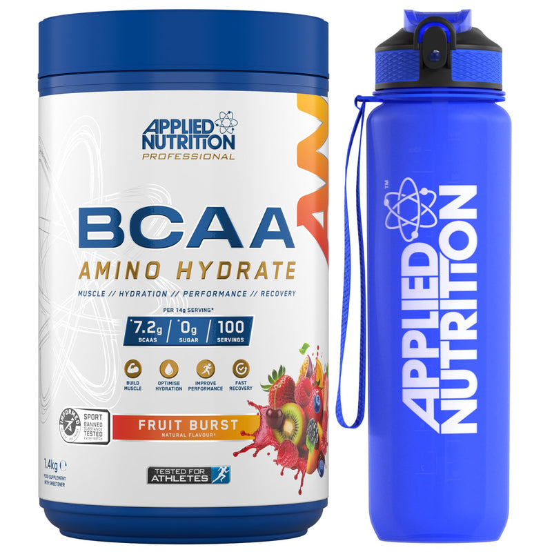 Applied Nutrition Bundle BCAA Amino Hydrate Powder 1.4kg + Lifestyle Water Bottle 1000ml | Branched Chain Amino Acids Supplement, Electrolytes, B Vits, Intra Workout & Recovery Drink (Fruit Burst) Fruit Burst