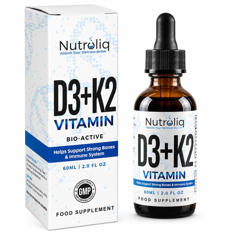 Nutroliq Vitamin D3 + K2 Liquid Drops - 4000IU Vit D3, 100mcg Vit K as MK7, MCT, Extra Virgin Olive Oil - For Immune & Bone Health, Better Energy, Calcium Absorption - Natural Peppermint Flavour, 60ml