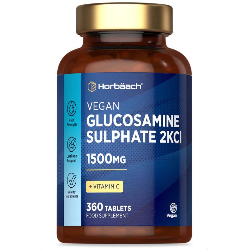 Glucosamine Sulphate 2KCl 1500mg | with 24mg Vitamin C | 360 Vegan Tablets | High Strength Glucosamine 2KCl Supplement | by Horbaach