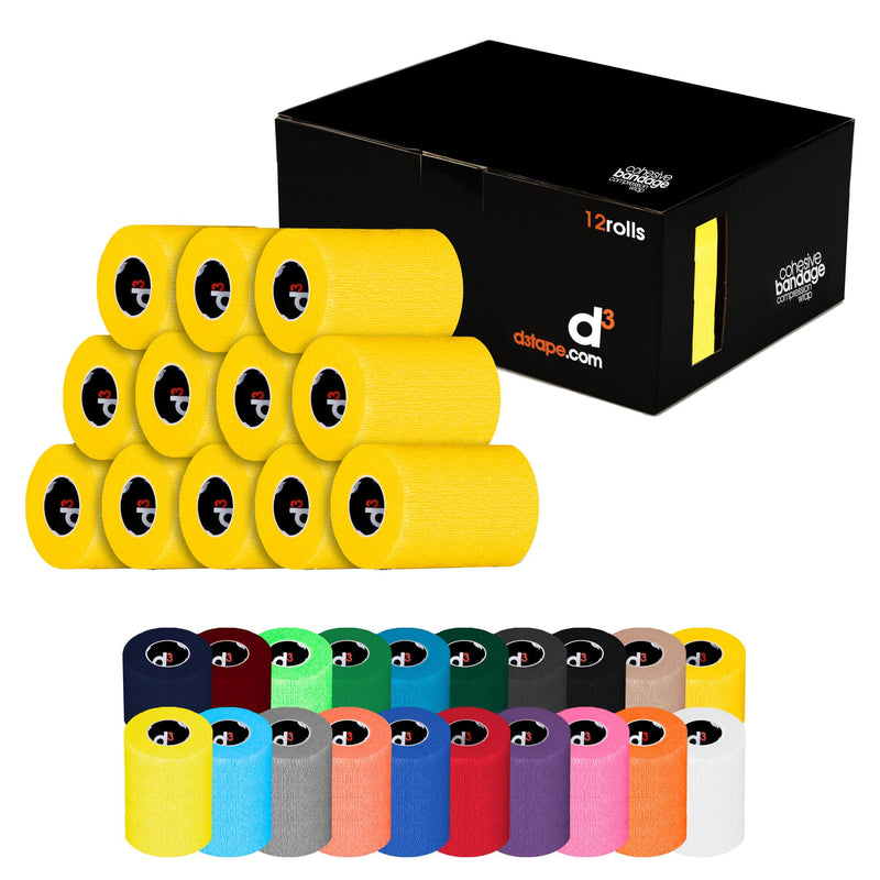 d3 Cohesive Bandage Compression Wrap Extra Wide Yellow 100mm x 5 metres (12 Rolls) Sports Physio Joint Injury Support Strapping Horses, Dogs Pet & Vet Leg Wrap 12 Rolls
