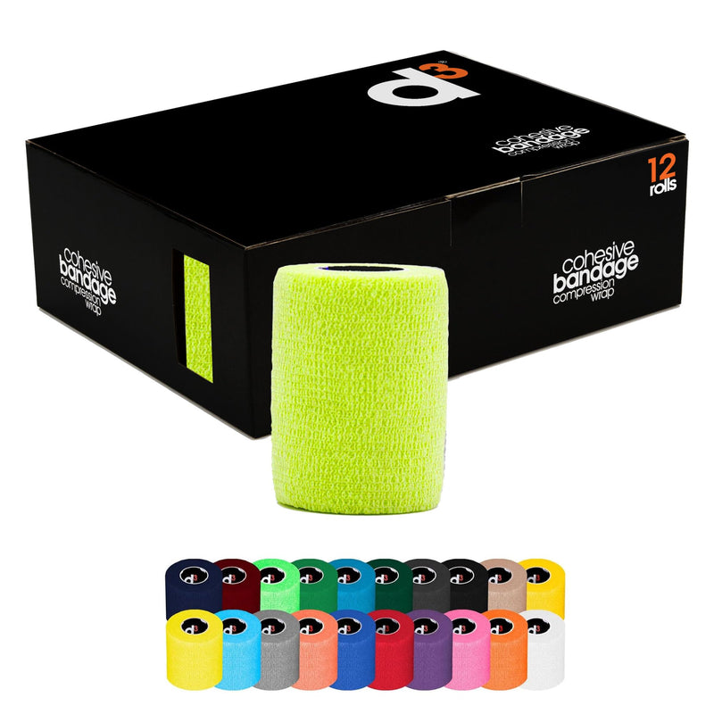 d3 Cohesive Bandage Compression Football Sock Wrap Shinguard Ankle Strapping Neon Yellow 75mm x 5 metres (12 Rolls) Sports Wrist Pet & Vet Wrap Joint Support 12 Rolls