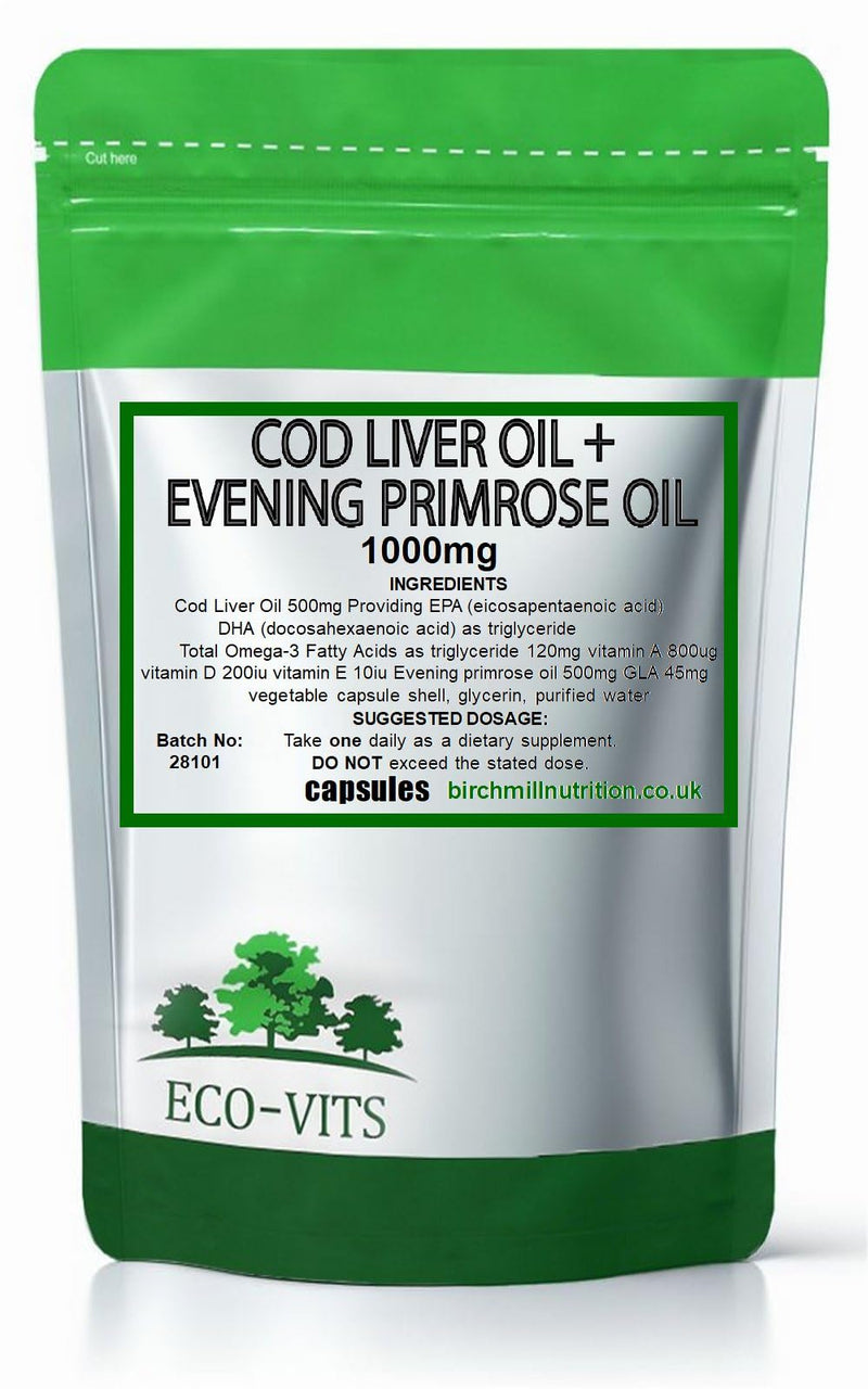 ECO-VITS COD Liver and Evening Primrose Oil (1000mg) 240 CAPS, Biodegradable Packaging, Sealed Pouch, Heart and Brain Health, Joint Comfort and Flexibility, Healthy Skin and Hair, Balance Hormones