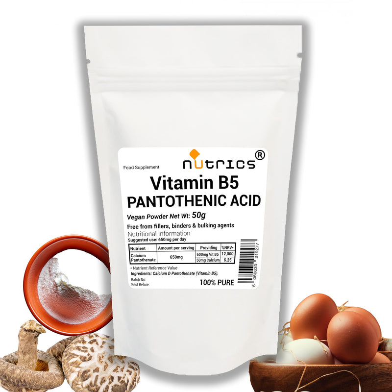 50g Vitamin B5 Pantothenic Acid Calcium D Pantothenate Powder - Pure, Free from Fillers, Binders & Bulking Agents, Suitable for Vegan Vegetarian