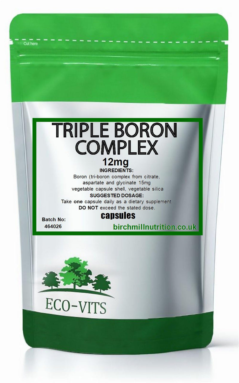 ECO-VITS Triple Boron Complex (12MG) 120 CAPS. Recyclable Packaging. Sealed Pouch