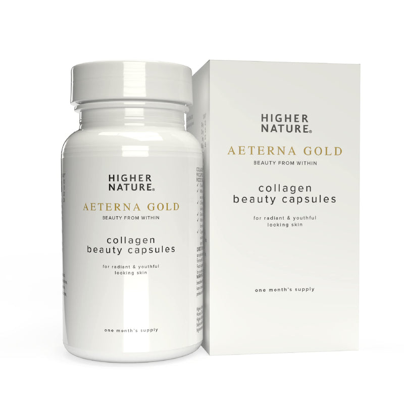Higher Nature - Æterna Gold Collagen Beauty Capsules - 10 Skin Loving Ingredients - Hydrolysed Marine Collagen - Vitamin C - Responsibly Sourced - 90 Capsules