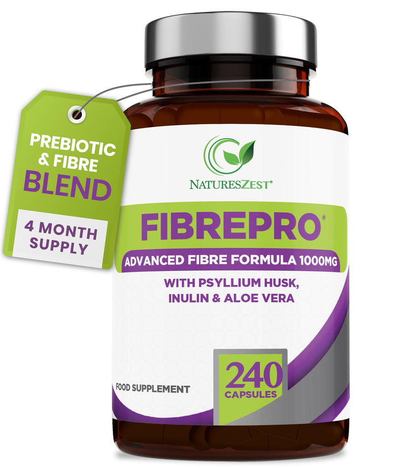FibrePro 1000mg - Fibre Supplement -240 Psyllium Husk Capsules | High Strength Fiber Supplement Enriched with Prebiotic Inulin, Aloe Vera & Flaxseed | Vegan, Non GMO| UK Made - 4 Month Supply