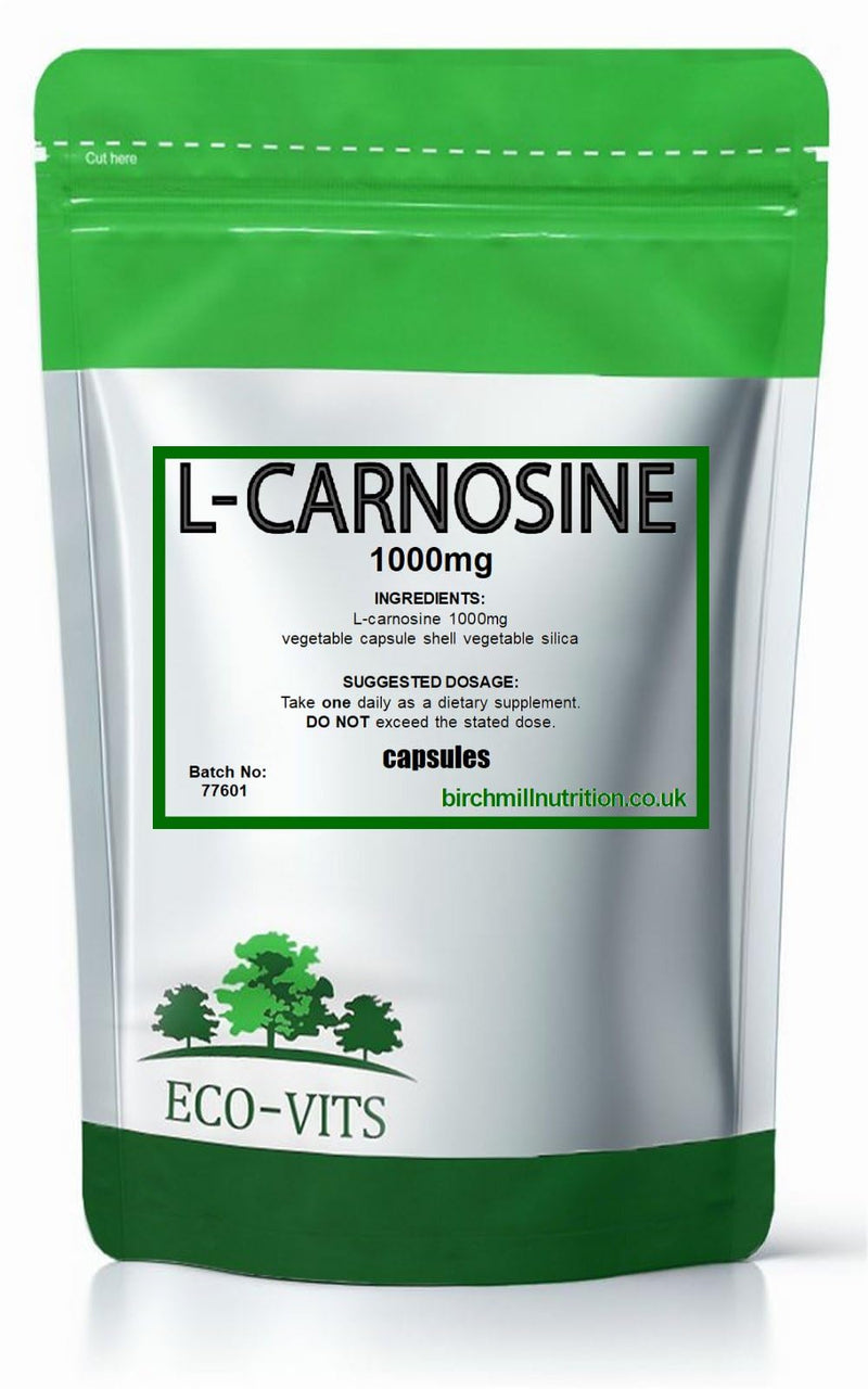 ECO-VITS L-Carnosine (1000mg) 60 Capsules. Recyclable Packaging, Sealed Pouch. Supports Cellular Health, Healthy Aging, Cognitive Function & Muscle Recovery – Antioxidant Protection