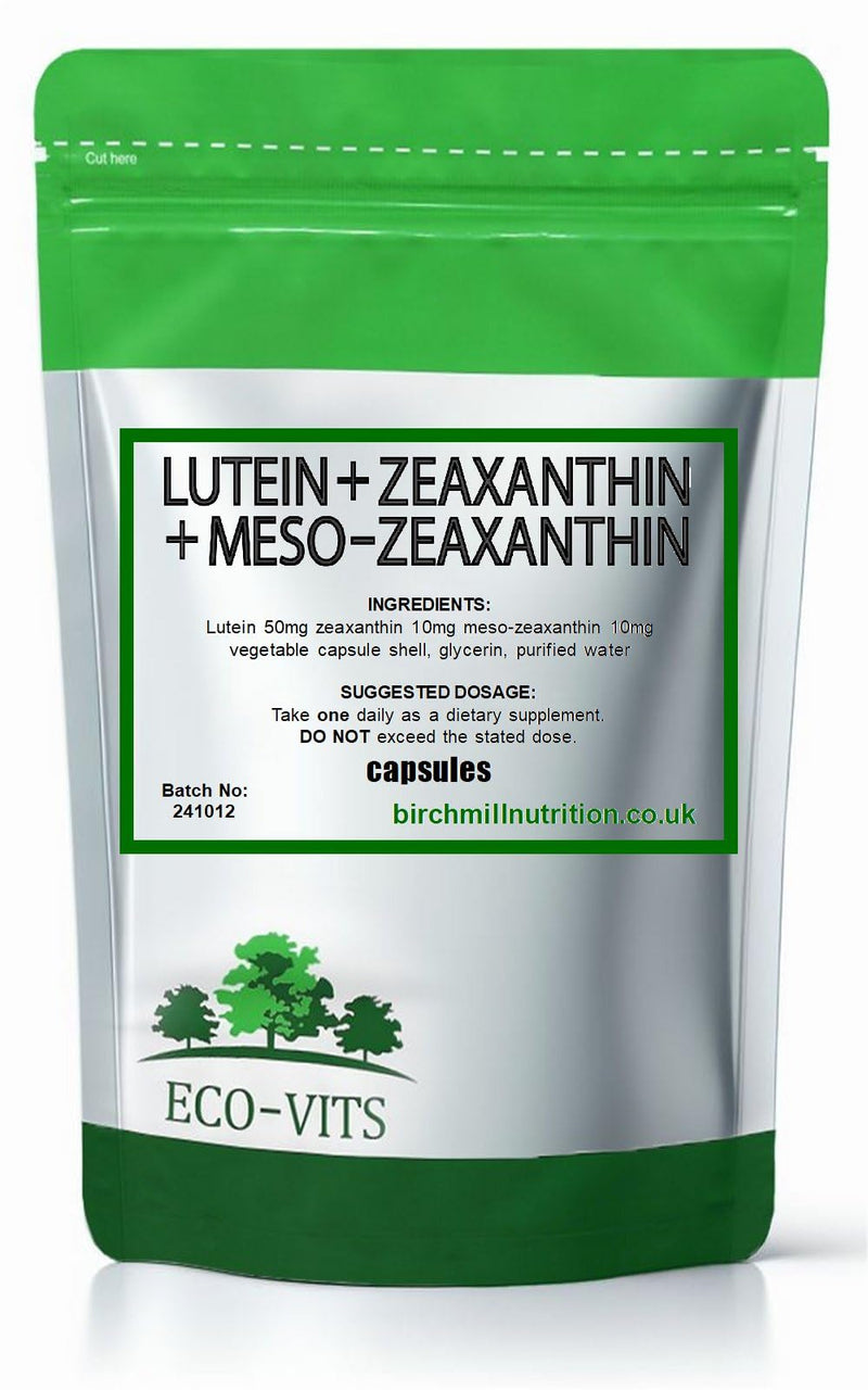ECO-VITS Lutein (50mg) ZEAXANTHIN (10mg) & Meso-ZEAXANTHIN (10mg) 240 CAPS. Biodegradable Packaging. Sealed Pouch