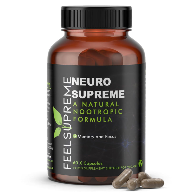 Neuro Supreme Nootropics Brain Supplement - Ashwagandha, Vitamin B12, B5 & Folic Acid - Focus, Memory & Energy Support - Cognitive Function & Stress Support, 60 Vegan Capsules