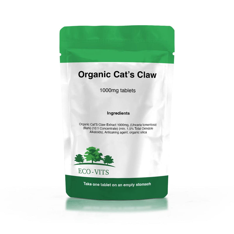 ECO-VITS Organic Cats Claw Extract (1000MG) 120 TABS. Recyclable Packaging. Sealed Pouch