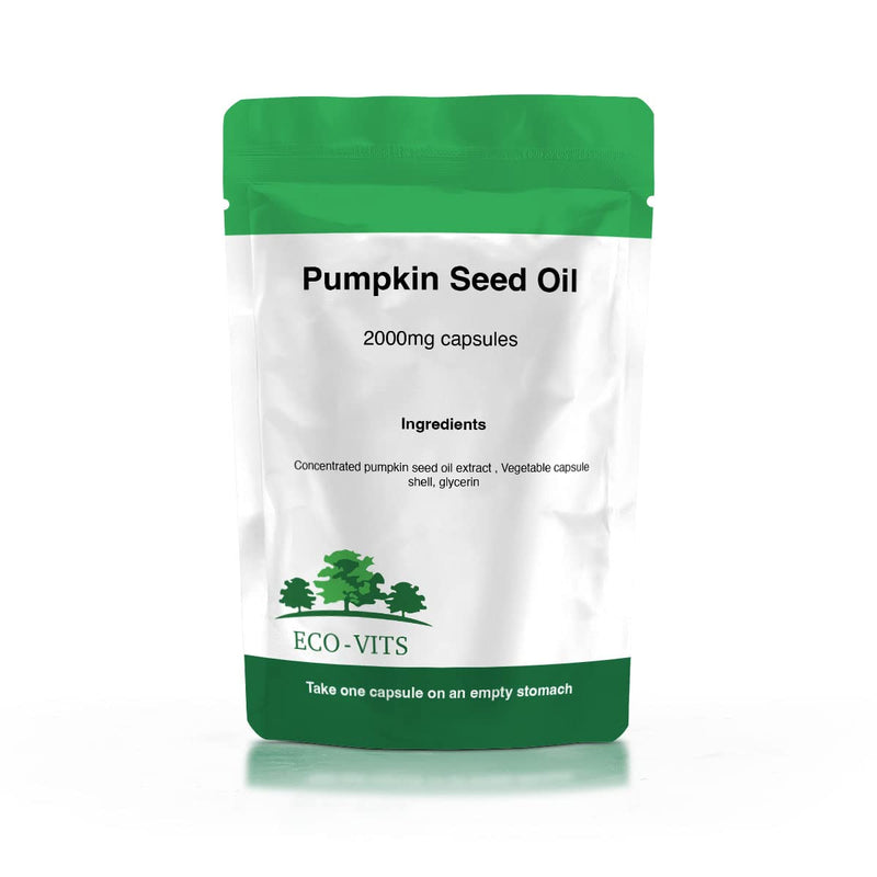 ECO-VITS Pumpkin Seed Oil 2000mg 120 Capsules, Recyclable Paclaging, Sealed Pouch, Healthy Hair & Skin, Hormonal Balance Support, Healthy Bladder Function, Immune Health