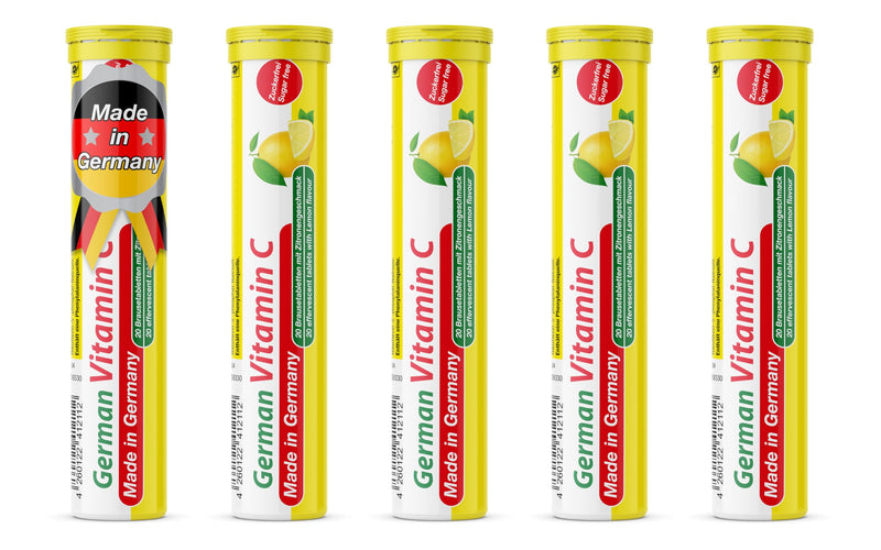 Vitamin C 180 mg - 5 x 20 effervescent Tablets - Lemon Flavor - T&D Pharma German Vitamin C - Made in Germany vitamin C 180 mg 5 count (Pack of 20)