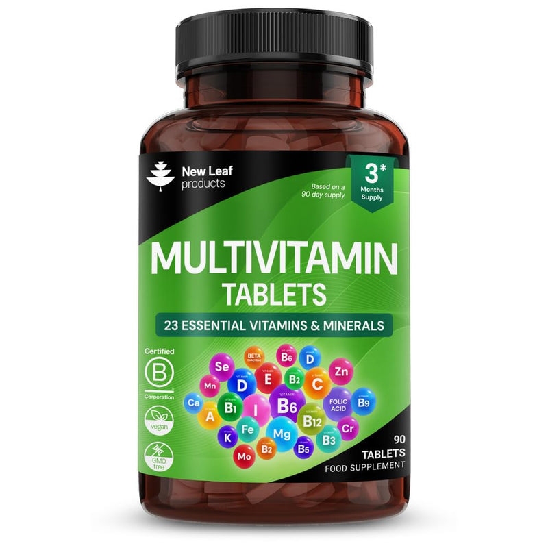 Multivitamin & Minerals 23 Essential Active Vegan High Strength Multivitamin Tablets for Women & Men with Iron A-Z Complete Daily Vegan Vitamins Gluten Free GMO Free (3 Month Supply) UK Made New Leaf 90 count (Pack of 1)