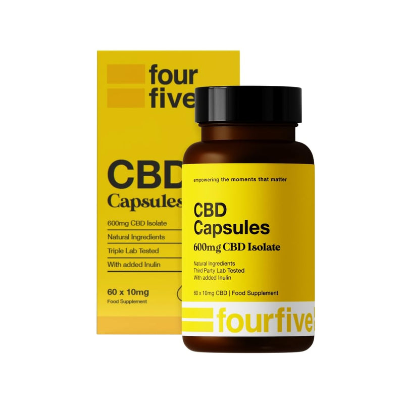 fourfive CBD Capsules 600mg (High Strength) Unflavoured, Muscle & Sleep Aid, Natural & Vegan Friendly - 60 Capsules 60 count (Pack of 1)