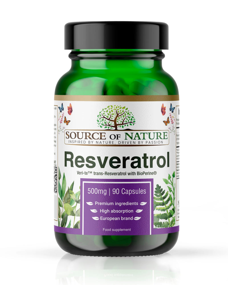 Trans-Resveratrol 500 mg | 90 Vegan Capsules | High Strength | 98% Purity | Naturally Fermented | with Piperine | Lab Tested | Premium Quality 90 count (Pack of 1)