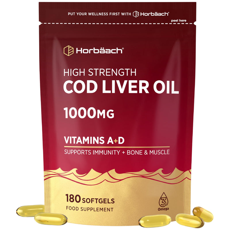 Cod Liver Oil Capsules High Strength 1000mg | 180 Softgels (6 Months Supply) | with Omega 3 Fatty Acids with Vitamin A and D + DHA & EPA | Formula for Adults | By Horbaach