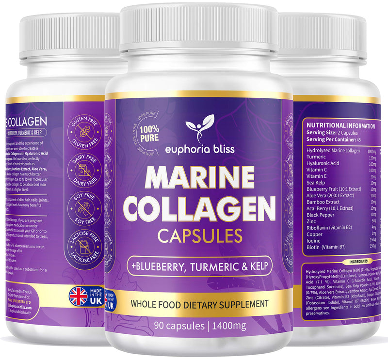High Strength Marine Collagen Tablets - Skin, Hair, Nails & Joints - Fortified with Hyaluronic Acid, Blueberry, Biotin, Vitamin C, E, B2, B7 & Minerals - 1400MG - Type 1 90 Capsules 90 count (Pack of 1)