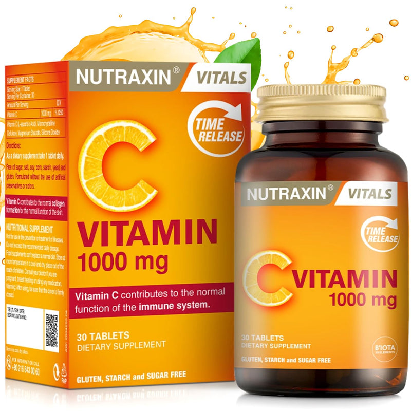 Nutraxin Vitamin C Tablets, 1000mg - Time-Release Formula for Immune Support with Rosa Canina & Citrus Bioflavonoids - Non-GMO, Gluten-Free, No Additives - 30 Tablets for Daily Health & Wellness Vitamin C Tablets – 30 Tablets