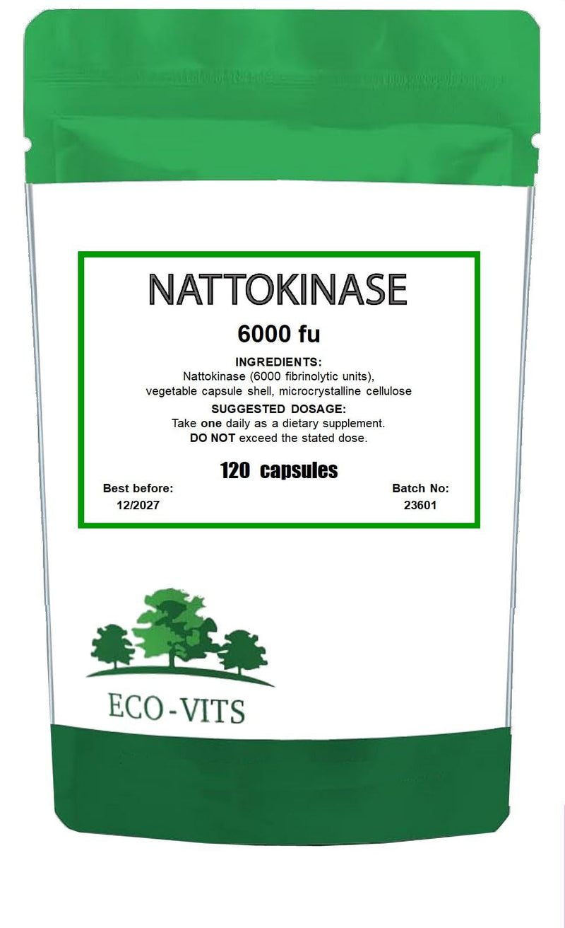ECO-VITS NATTOKINASE (6000FU) 120 Capsules fibrinolytic (Anti-clotting) Capacities, Heart & Circulatory Health, Cardiovascular Support, Circulation & Blood Flow, Healthy Fibrin Levels