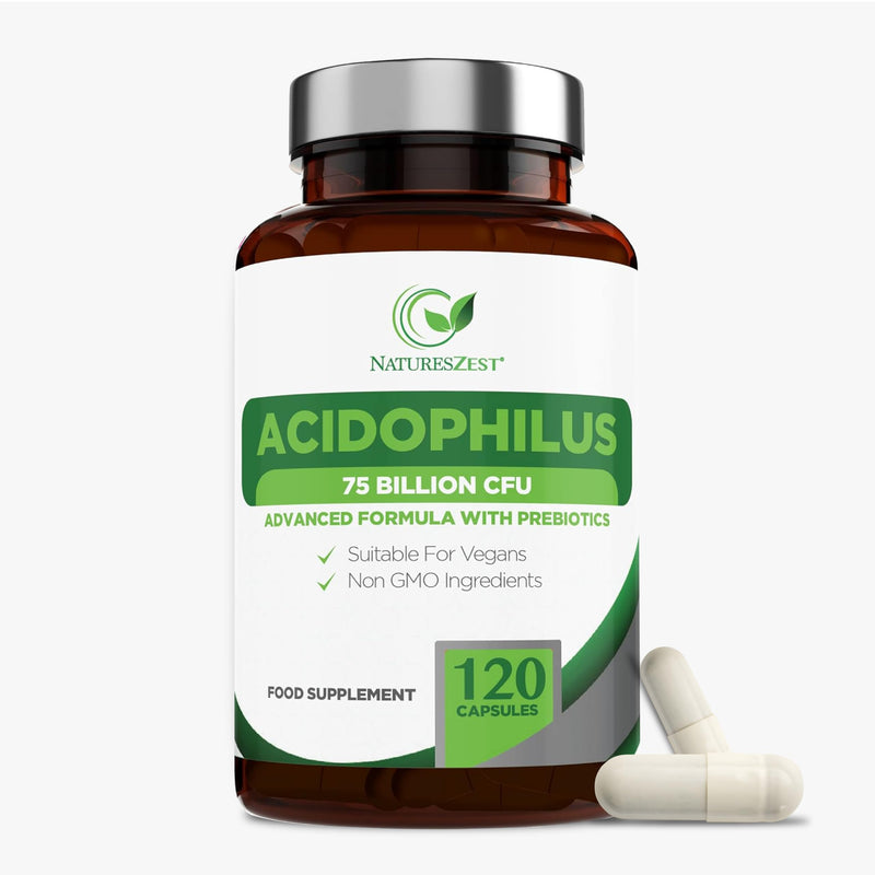 Acidophilus Probiotic Capsules 75 Billion CFU - 120 High Strength Vegan Probiotics for Gut Health with Prebiotics, Lactobacillus Acidophilus & Friendly Bacteria for Men & Women, Gluten Free, UK Made