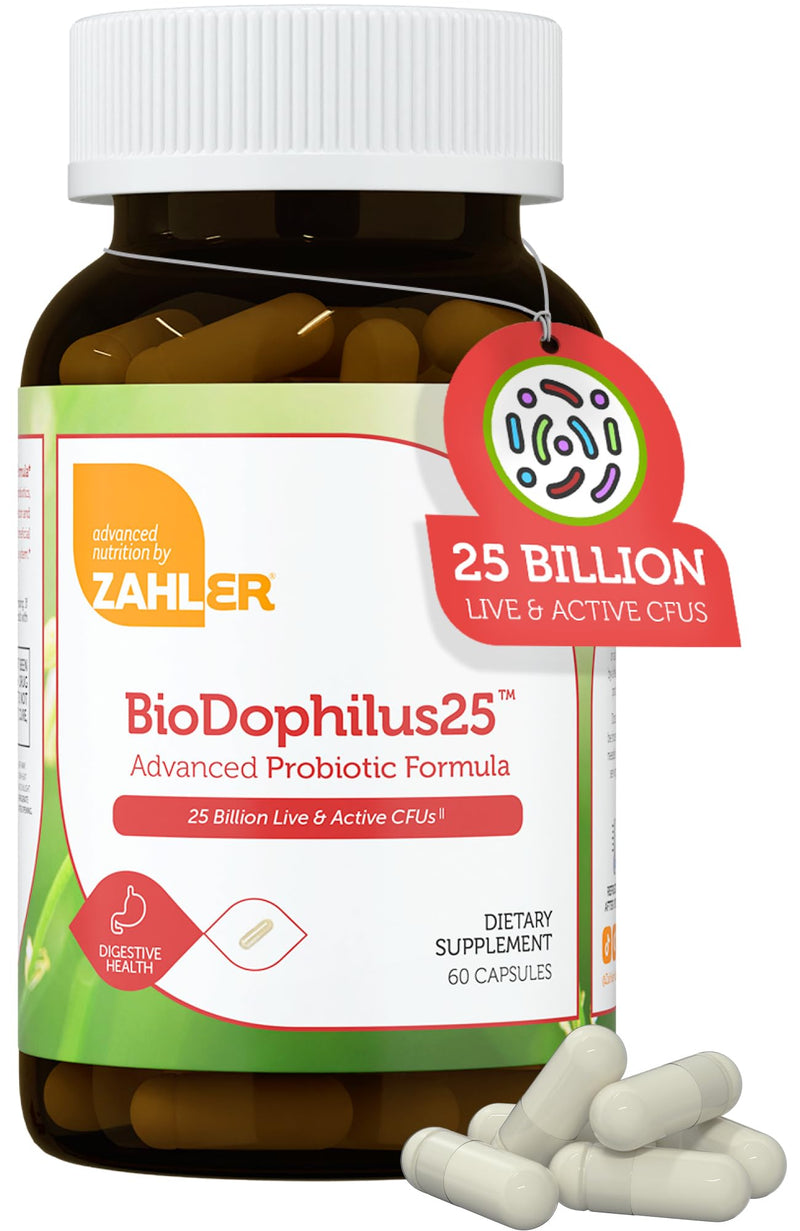 Zahler Biodophilus, All Natural Advanced Probiotic and Prebiotic Supplement, Promotes Digestive Health, 25 Billion Live Cultures and Intestinal Flora Per Serving, Certified Kosher, 30 Capsules