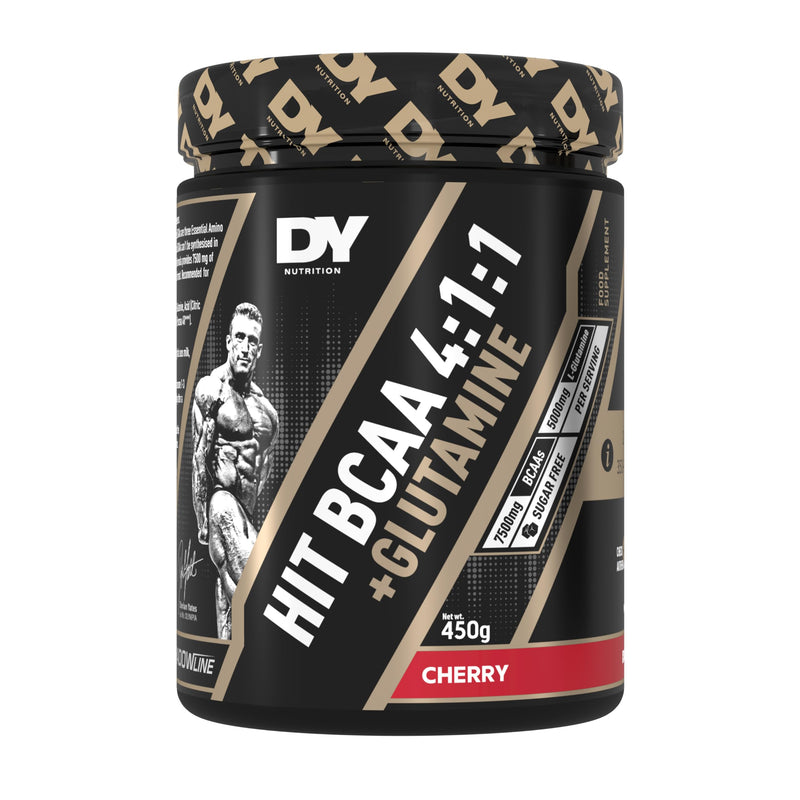 DY Nutrition HIT BCAA 4:1:1 + Glutamine, 450g, 30 Servings (Cherry Flavour) Branch Chain Amino Acid Powder Drink for Optimal Pump & Performance | Pre & Intra Workout Supplement Cherry