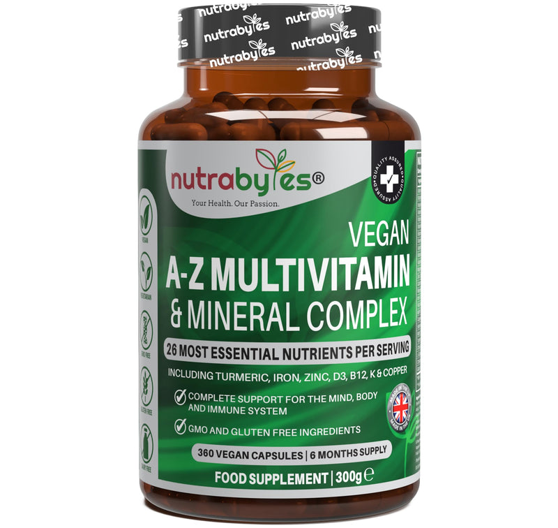 Nutrabytes Vegan A-Z Multivitamin & Mineral Complex, 360 Capsules | 26 Essential Vitamins & Minerals Plant Based Supplement with Turmeric, Iron, Folic Acid and Zinc | 6 Months | UK Made