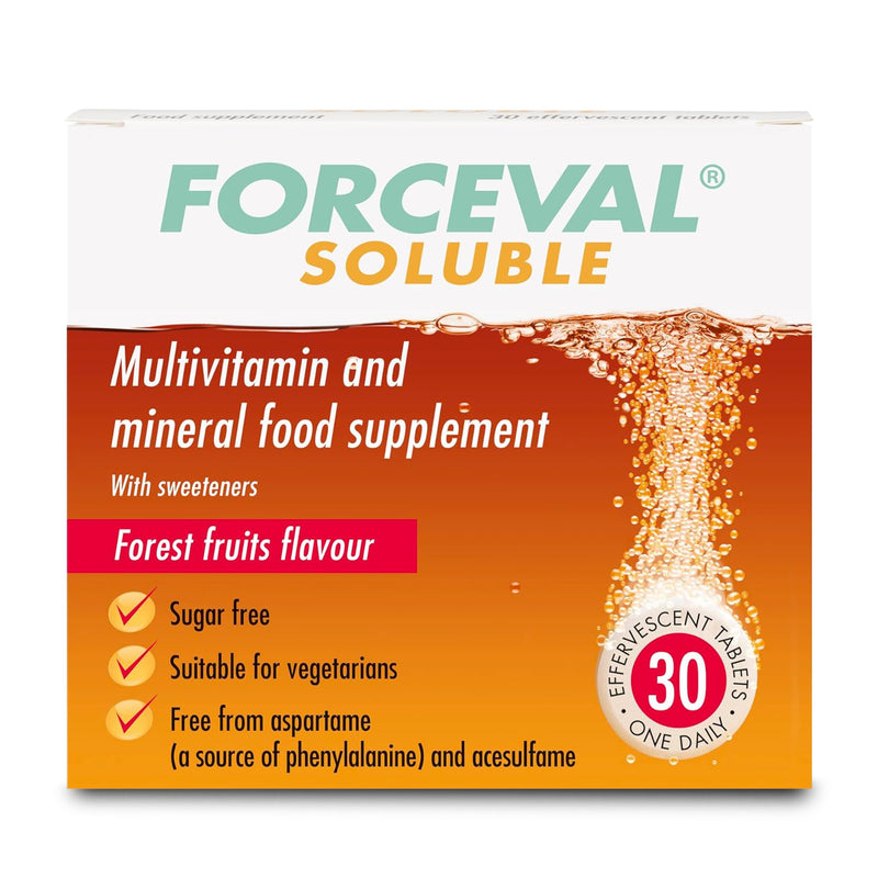 Effervescent Multivitamin Tablets, 24 Key Vitamins and Minerals Including Vitamin C, B and D, Iron and Zinc. One Effervescent Tablet a Day. for Adults and Children 12+. Pack of 30 Forceval Soluble