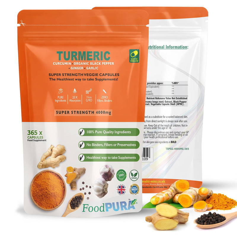 365 x 4000mg Turmeric (Curcumin), Ginger, Garlic & Organic Black Pepper Capsules HACCP Certified, Manufactured in The UK by FoodPURA (365) 365