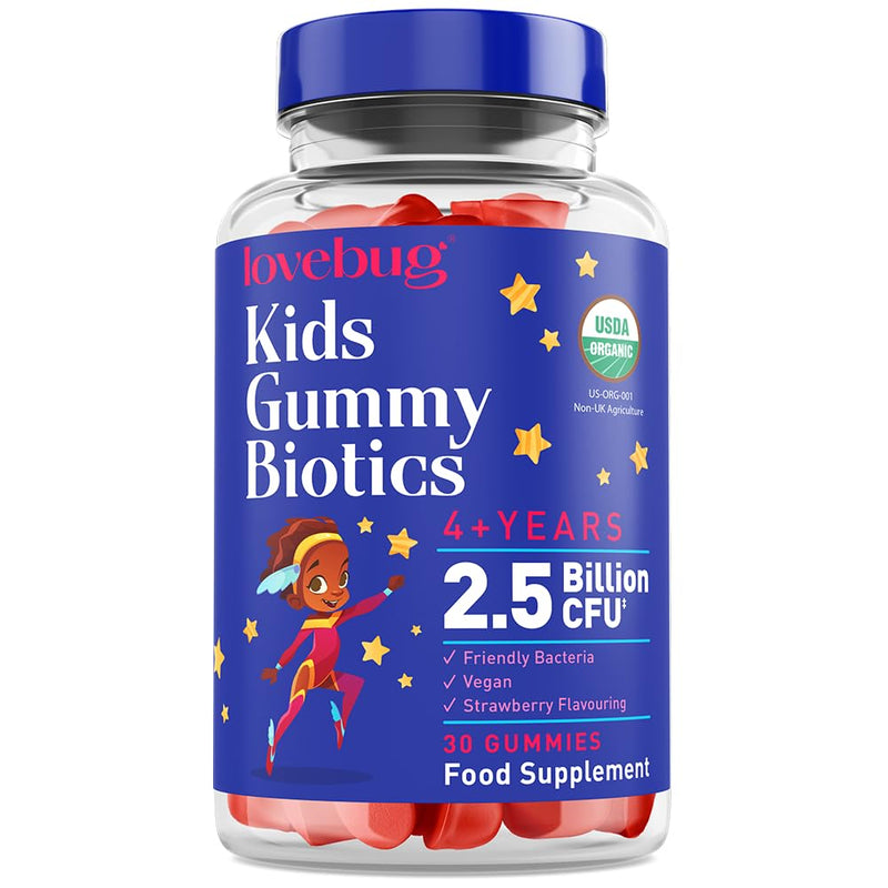 Lovebug Kids Probiotic Tummy Gummies - 2.5 Billion CFU with Bacillus subtilis DE111® - USDA Organic Probiotics for Gut Health - For Children & Toddlers (Age 4+) - 30 Strawberry Flavoured Vegan Gummies