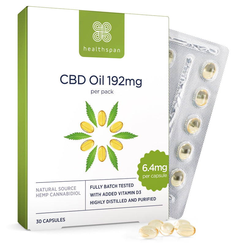 Healthspan CBD Oil Capsules 192mg | 6.4 mg Pure CBD Oil Capsules | 192 mg CBD per Pack | Enriched with Vitamin D | Supports Your Muscles
