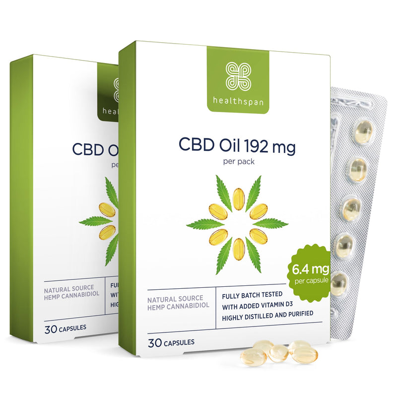Healthspan CBD Oil Capsules 384mg (60 Capsules) | 6.4mg Pure CBD Oil Capsules | 384mg CBD per Pack | Enriched with Vitamin D