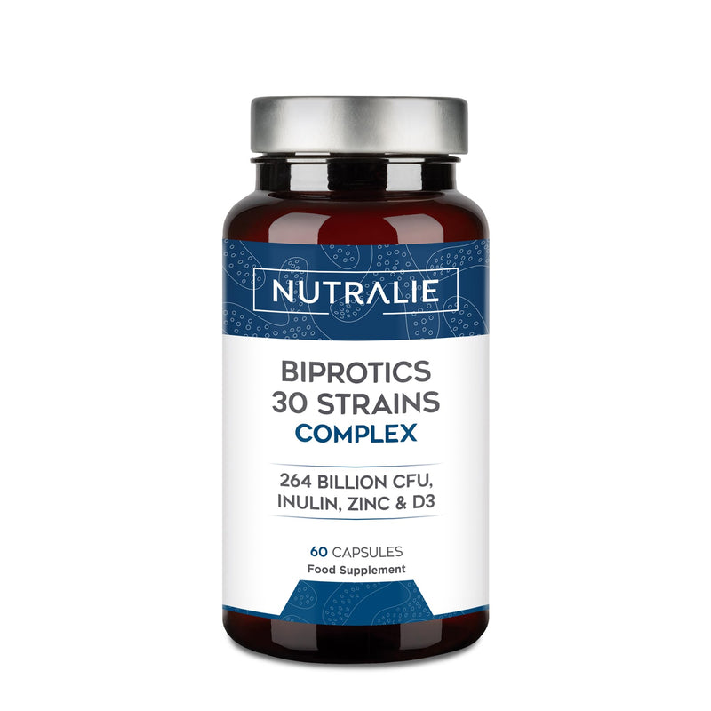 Probiotics and Prebiotics with 30 Strains - 264 Billion CFU per Dose - Biprotics 30 Strains Complex - 60 Capsules Nutralie