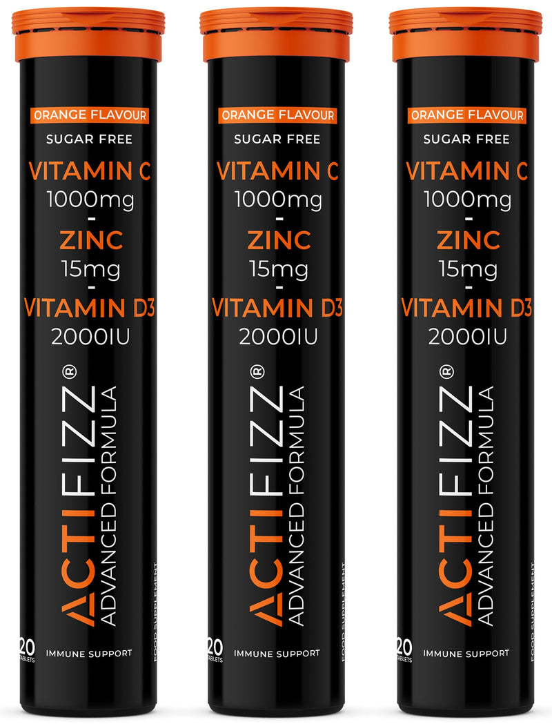 3X ActiFizz Vitamin C 1000mg, Zinc + Vitamin D3 | 60 Effervescent Tabs | Orange Flavour | Immunity Boost | Halal Certified