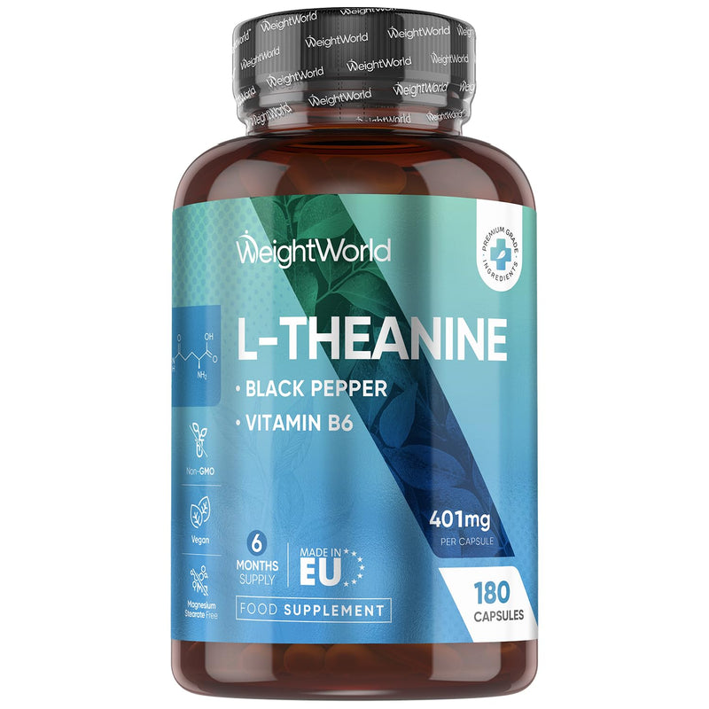 L-Theanine - 401mg - 180 Capsules - 6 Months Supply | with Vitamin B6 & Black Pepper | 1 Capsule per Day | Vegan & Magnesium Stearate-Free - L Theanine Supplement for Men & Women - Made in Europe