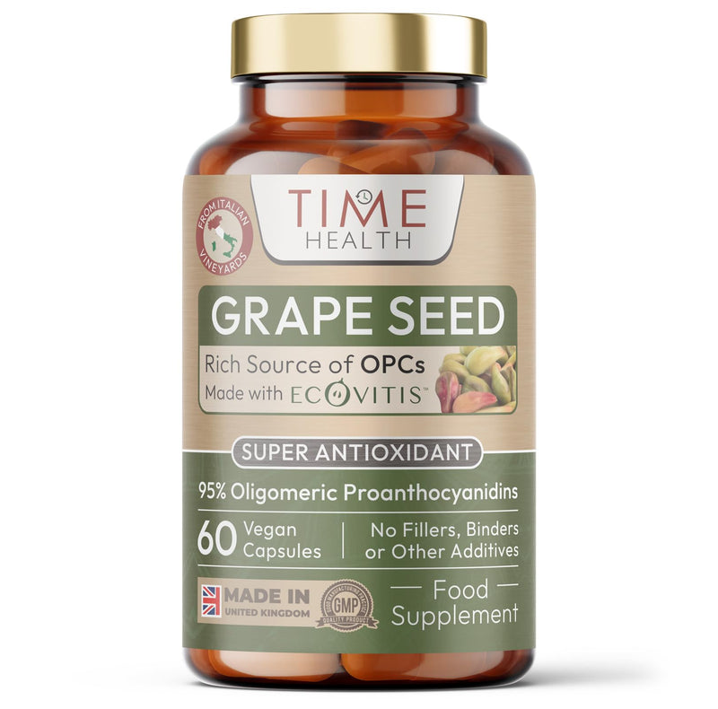 OPC Grape Seed Extract Capsules - Min. 95% OPCs - Made with Italian Vineyard Grapes - Ecovitis™ - UK Made Supplement - Zero Additives - GMP Standards - Vegan 60 count (Pack of 1)