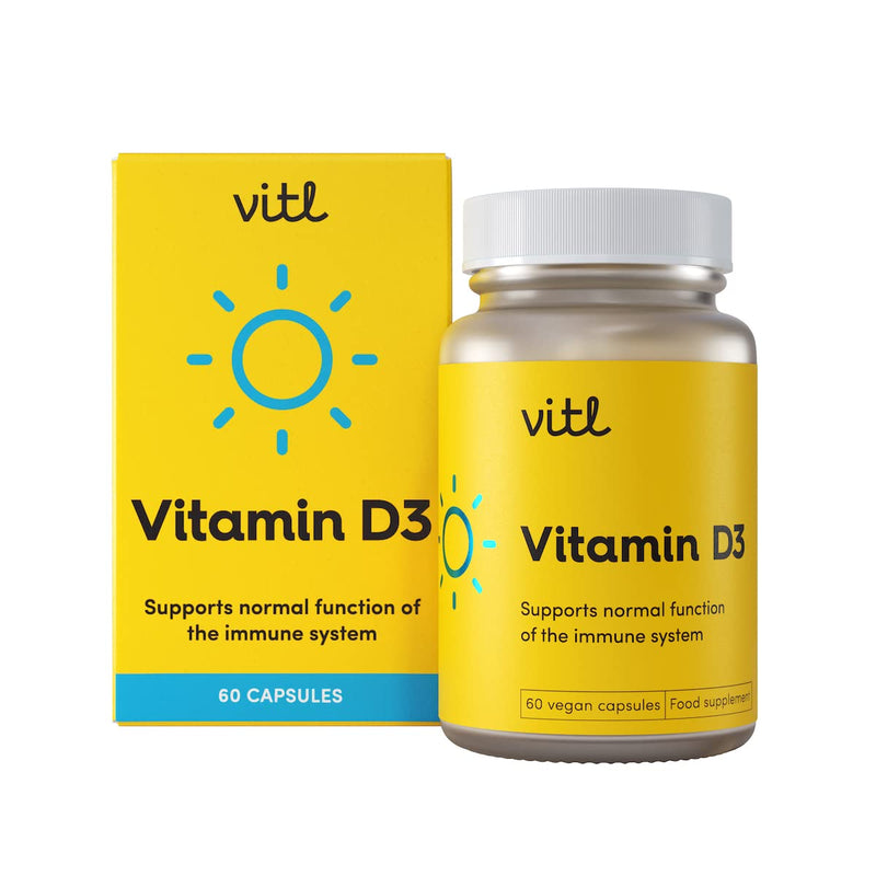 Vitl Vitamin D3 Supplement - 60 Vegan Softgel Capsules - Support for the Immune System, Bones & Joints, Teeth, Muscles and Heart - 2 Month Supply 60 count (Pack of 1)