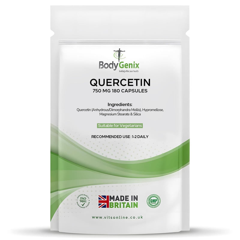 Bodygenix Quercetin 750mg Capsules - Immune System Brain Cardiovascular Health Joints Support Energy Boost Natural Vegan Supplement - 180 Capsules 6 Month Supply