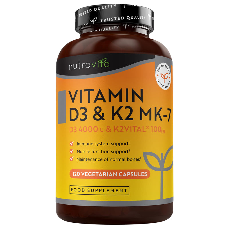 Nutravita Vitamin D3 4000 IU & K2 100μg MK7 (K2VITAL®) - 120 VIT D Capsules not Tablets - Vitamin D3 K2 Supplements - D3K2 Immune Support Supplements - VIT D K2 - Cholecalciferol, K2 MK7 - Made in UK