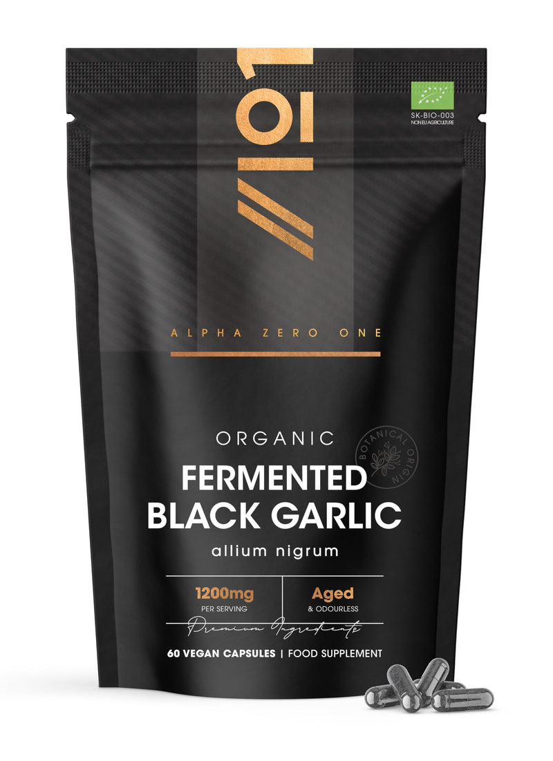 Organic Fermented Black Garlic 1200mg - 60 Vegan Capsules - Supports Heart Health - Resealable and Recyclable Pouch by Alpha01