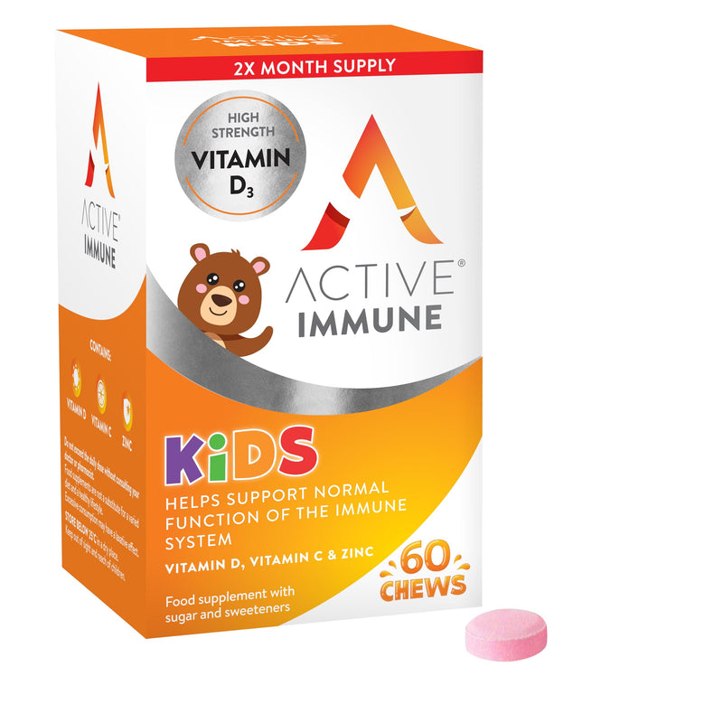 Active Immune Kids Supplement, Vitamin D, C & Zinc, Daily Multivitamin for Kids Immune System, Chewable & Easy to Swallow, 60 Orange Flavoured Chews, 2 Month Supply Immune for Kids