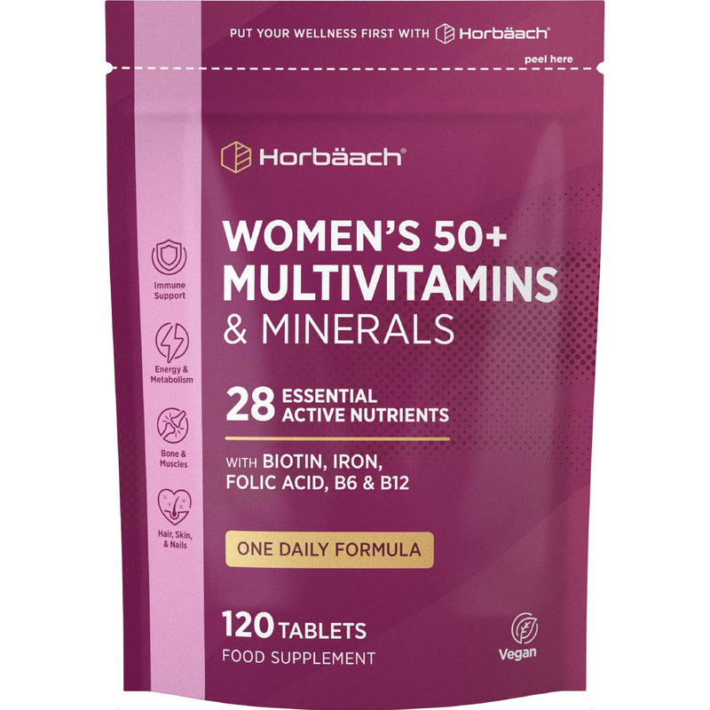 Multivitamins for Women 50+ | 4 Months Supply | 28 Essential Vitamins & Minerals Including Biotin, Iron, Folic Acid, B6, B12, Calcium, Zinc, Vitamin C & More! | 120 Vegan Tablets | by Horbaach